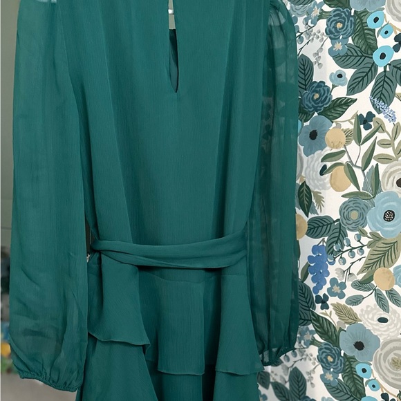 EXPRESS Long Sleeve Tie Waist Tiered Ruffle Fit And Flare Dress Small Green - Picture 12 of 14